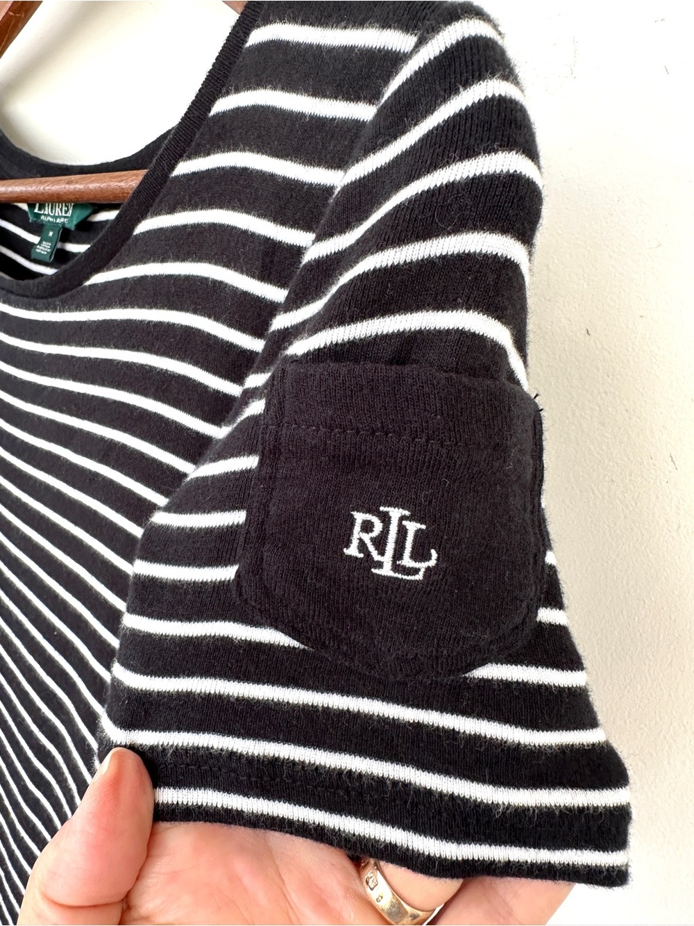 Lauren Ralph Lauren Striped Black & White Boat Neck Women's Top, Cotton Knit - Picture 3 of 6